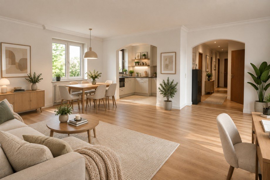Einrichtungsbeispiel Wohnzimmer KI Penthousewohnung Hamburg Niendorf